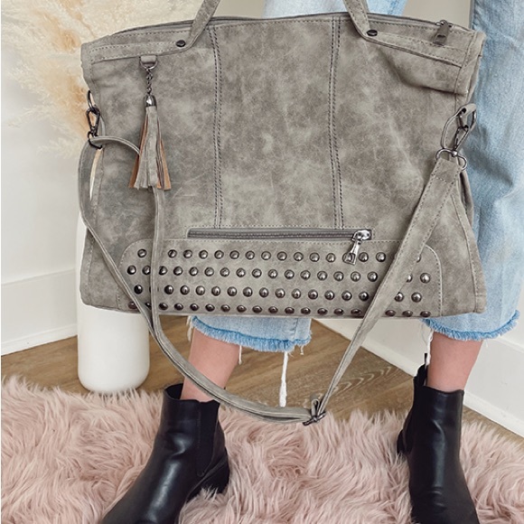 Grey Soft Vegan Leather Shoulder Computer Work Everyday Studd Fringe HandBag - Picture 3 of 9